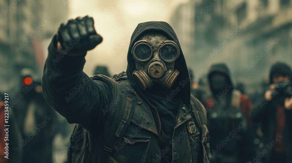Post-Apocalyptic Protest: A lone figure in a gas mask leads a rebellion amidst urban decay. Post-Apocalyptic Protest: A lone figure in a gas mask leads a rebellion amidst urban decay.