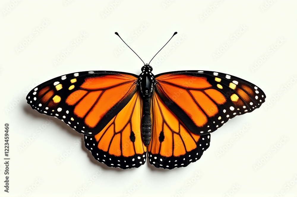 Naklejka premium A stunning monarch butterfly showcasing vibrant orange and black wings poses elegantly on a smooth white background, highlighting nature's artistry. Its delicate features captivate the eye