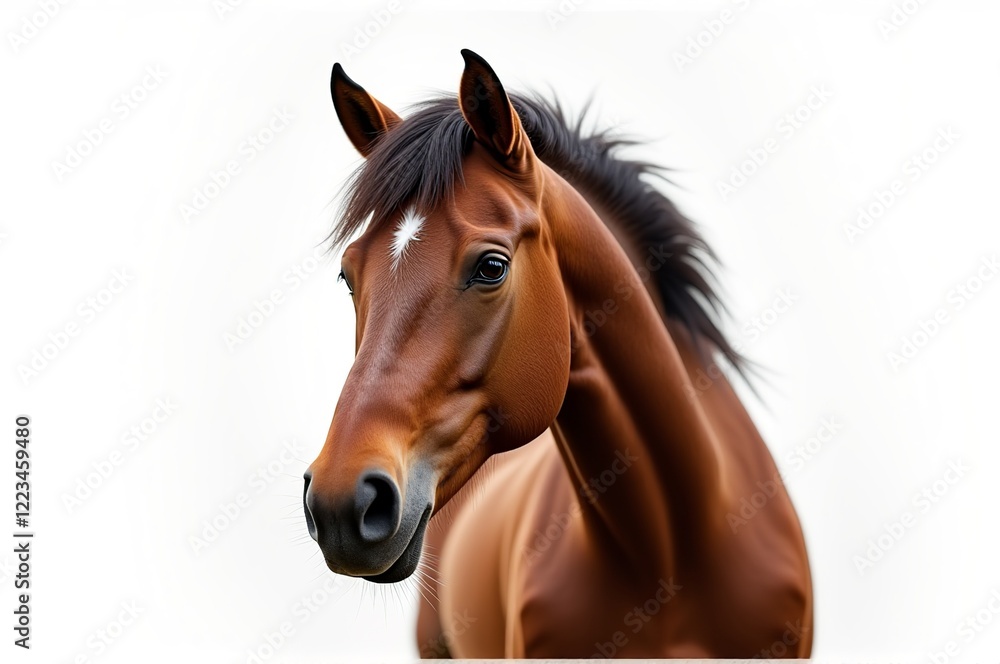 A stunning brown horse stands gracefully, its mane slightly tousled. The gentle creature looks forward, exuding an aura of calmness and strength, surrounded by a tranquil environment A stunning brown horse stands gracefully, its mane slightly tousled. The gentle creature looks forward, exuding an aura of calmness and strength, surrounded by a tranquil environment
