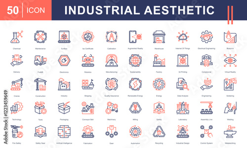 Icon set showcasing an industrial aesthetic, including robotics, machinery, manufacturing, safety, engineering, renewable energy, and technology. Perfect for industrial and tech-focused projects.