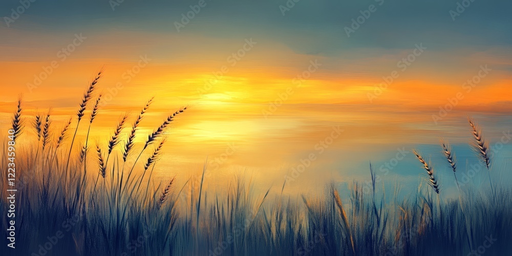 Sunset wheat field painting with golden and blue colors Sunset wheat field painting with golden and blue colors