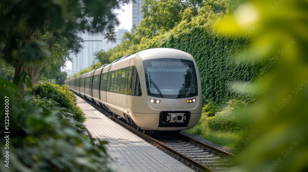 Naklejka premium Elegant High tech autonomous train moving along an elevated track in a smart city with solar panels and vertical gardens in the background