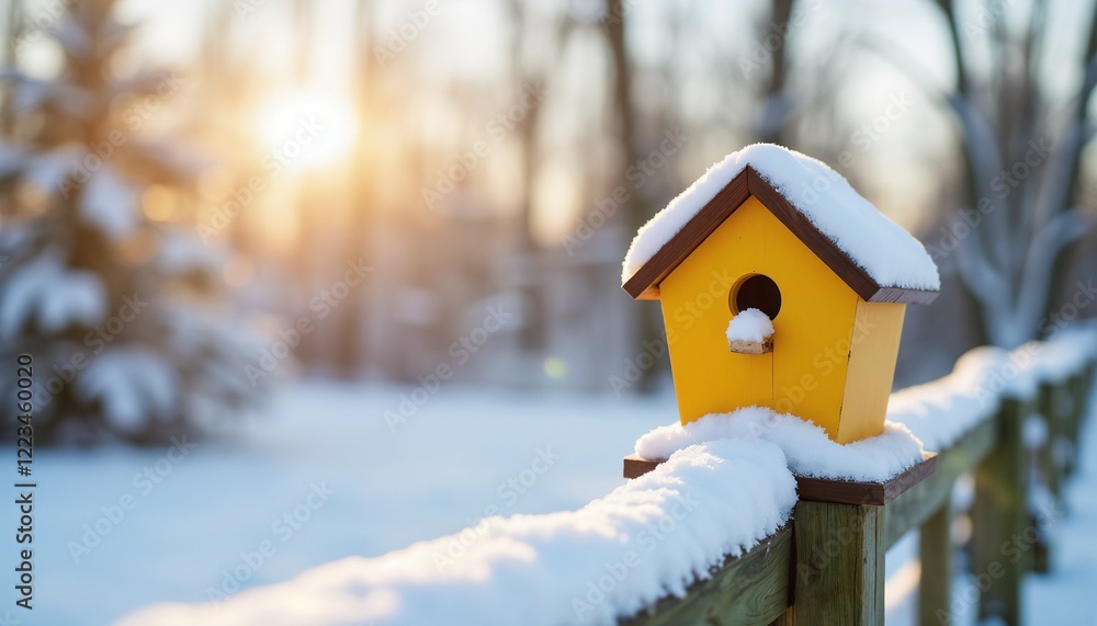 Bright yellow birdhouse covered in snow perched on a wooden fence during winter sunset Bright yellow birdhouse covered in snow perched on a wooden fence during winter sunset