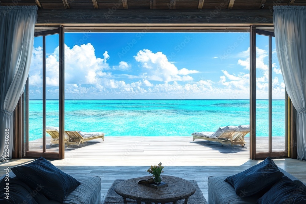 Fototapeta premium Luxurious beachfront villa with breathtaking ocean view during daytime