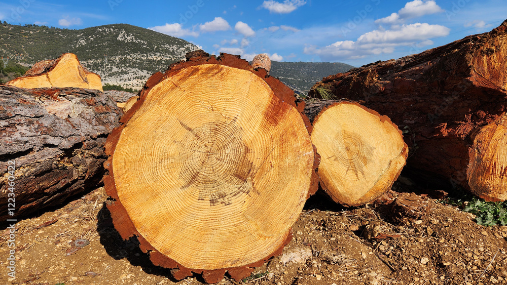 Red pine logs are neatly stacked by the edge of the forest, following a rejuvenation cut activity Red pine logs are neatly stacked by the edge of the forest, following a rejuvenation cut activity