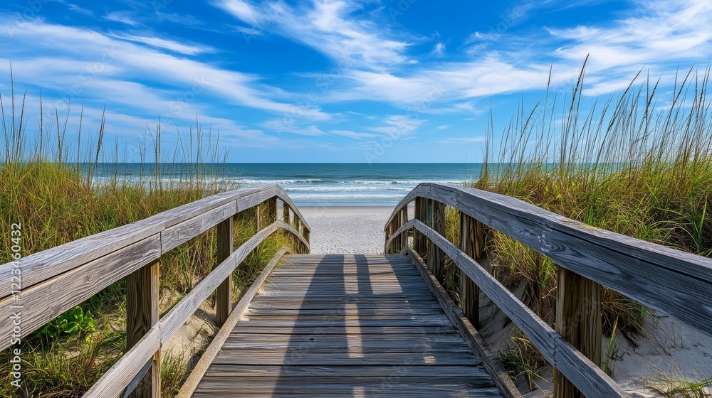 Obraz premium Serene Beach Walkway: Coastal Serenity in a Sunlit Seascape