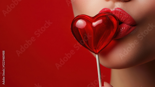 Close up of a woman with red lipstick and a valentine heart lolly