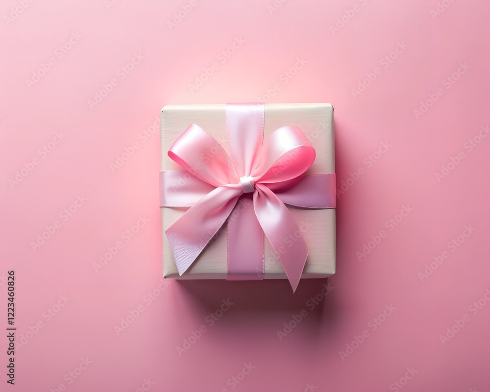 A small, elegantly wrapped gift rests on a soft pink background, adorned with a lovely satin ribbon. This charming surprise embodies joy and anticipation for any special event A small, elegantly wrapped gift rests on a soft pink background, adorned with a lovely satin ribbon. This charming surprise embodies joy and anticipation for any special event