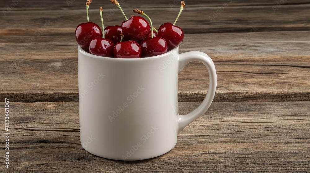 Glossy red cherries overflow from a white cup, beautifully displayed against a clean backdrop that highlights their natural appeal Glossy red cherries overflow from a white cup, beautifully displayed against a clean backdrop that highlights their natural appeal