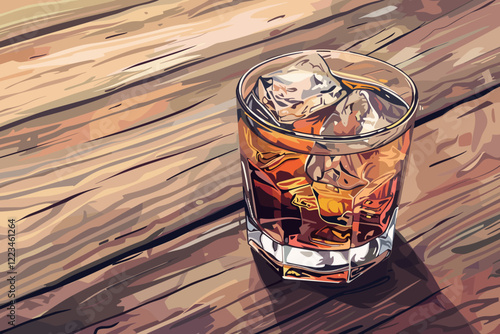 Vintage Toned Image of Whiskey on the Rocks in Glass on Wooden Surface