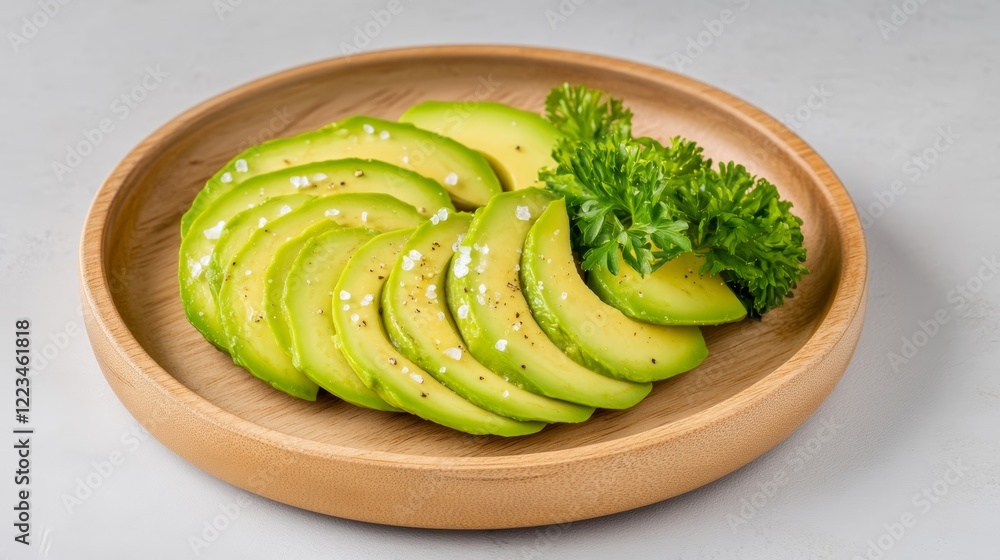 Elegant Organic avocado sliced and fanned out beautifully on a wooden plate garnished with olive oil drizzle and coarse sea salt against a neutral background Elegant Organic avocado sliced and fanned out beautifully on a wooden plate garnished with olive oil drizzle and coarse sea salt against a neutral background
