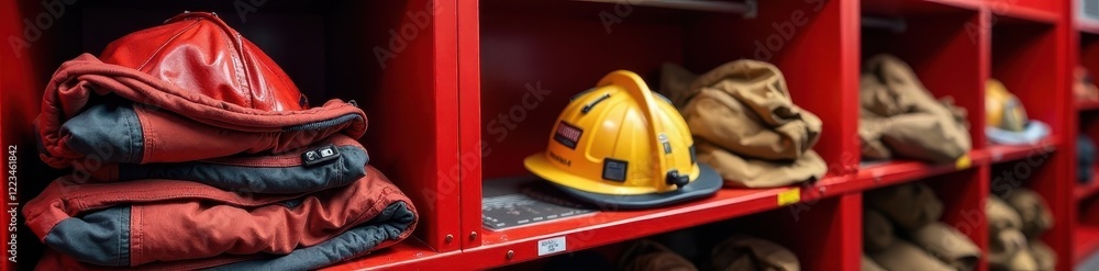 Neatly folded fire-resistant gear in a fire station locker , hose, helmet Neatly folded fire-resistant gear in a fire station locker , hose, helmet