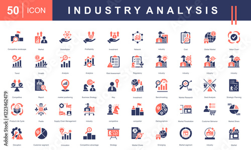 Icon set for Industry Analysis, featuring market trends, SWOT analysis, competitive landscape, investment, customer behavior, market research, and strategic planning. Ideal for business insights proje