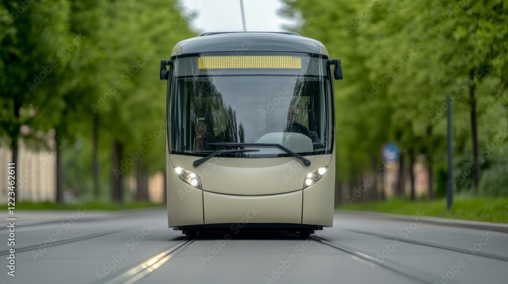 Fototapeta premium Elegant Self driving electric trolleybus traveling through a tree lined avenue with passengers enjoying the view from its sleek and transparent design