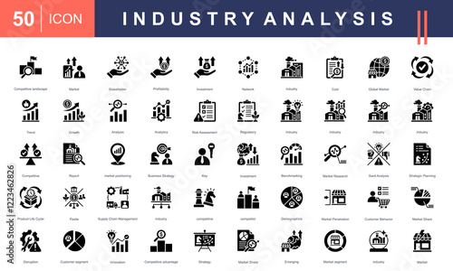Icon set for Industry Analysis, featuring market trends, SWOT analysis, competitive landscape, investment, customer behavior, market research, and strategic planning. Ideal for business insights proje