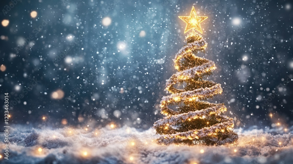 Illuminated christmas tree in snowy winter wonderland with star topper at night Illuminated christmas tree in snowy winter wonderland with star topper at night