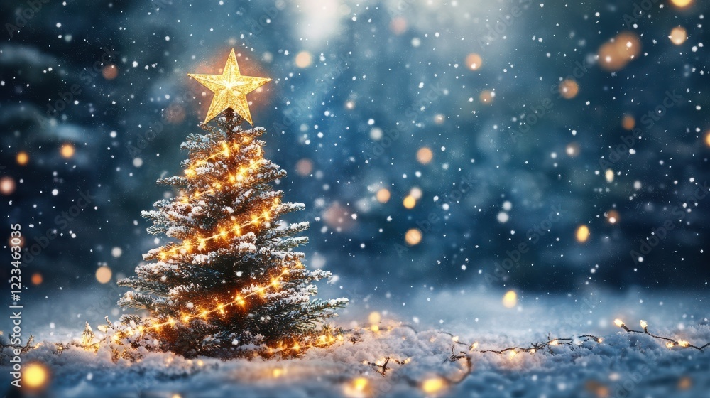 Christmas tree with star topper in snowy winter wonderland night scene Christmas tree with star topper in snowy winter wonderland night scene
