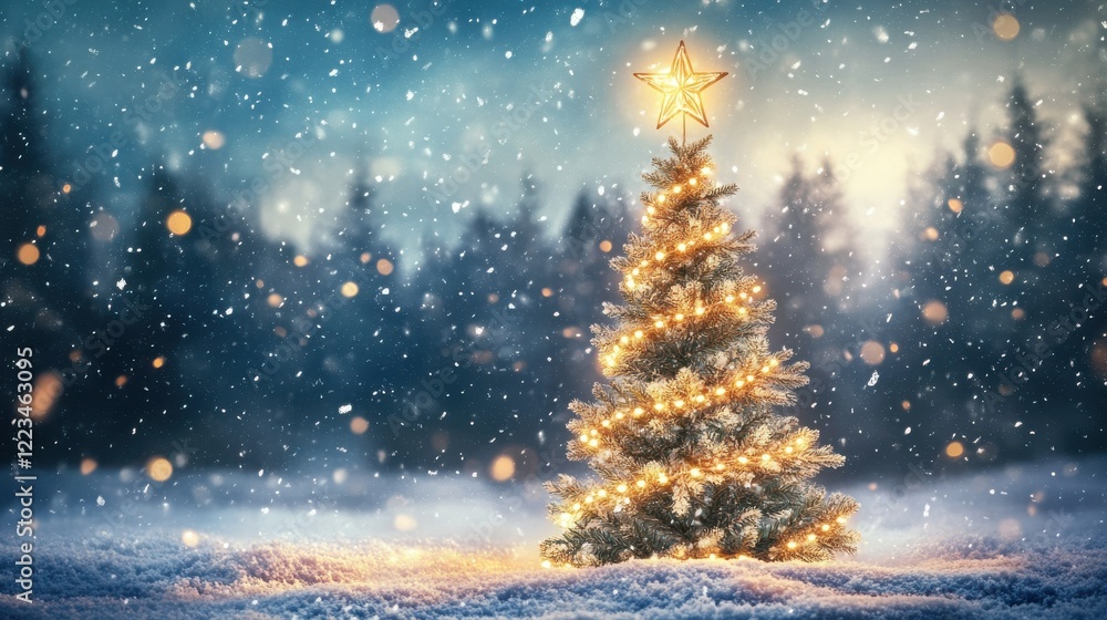 Glowing christmas tree in snowy forest with star topper Glowing christmas tree in snowy forest with star topper