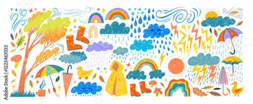 Multi colored crayon drawn childish icons. Clouds, rainy weather stickers, umbrellas, rainbow, forest elements.