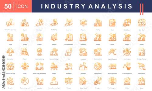 Icon set for Industry Analysis, featuring market trends, SWOT analysis, competitive landscape, investment, customer behavior, market research, and strategic planning. Ideal for business insights proje