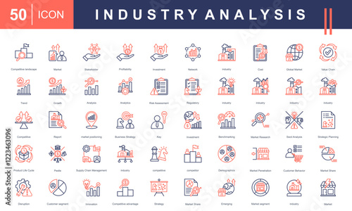 Icon set for Industry Analysis, featuring market trends, SWOT analysis, competitive landscape, investment, customer behavior, market research, and strategic planning. Ideal for business insights proje