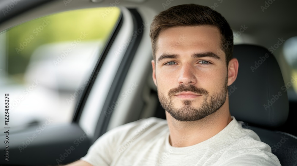 Elegant Student practicing parallel parking in a compact car concentrating intently with street signs and parked cars in the background Elegant Student practicing parallel parking in a compact car concentrating intently with street signs and parked cars in the background