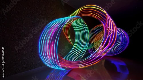 looping 3d animation. Abstract background of dynamic neon lines glowing in the dark room with floor reflection. 