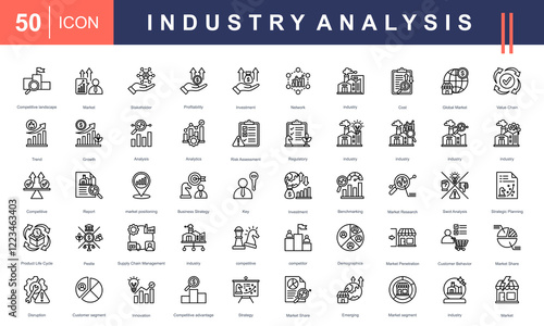 Icon set for Industry Analysis, featuring market trends, SWOT analysis, competitive landscape, investment, customer behavior, market research, and strategic planning. Ideal for business insights proje
