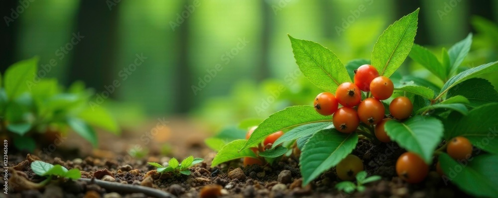 Obraz premium Sea buckthorn leaves and stems on the forest floor, botanical, shrub