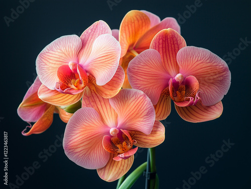 Vibrant orange and pink orchids against dark background.