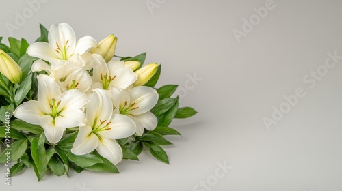 Elegant Watercolor design featuring white lilies with flowing green leaves framing a subtle faded cross with soft edges on a neutral gradient background