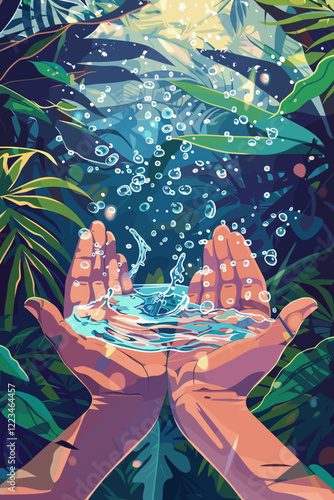 Water Pouring into Woman's Hands in Nature, Symbolizing Environmental Issues