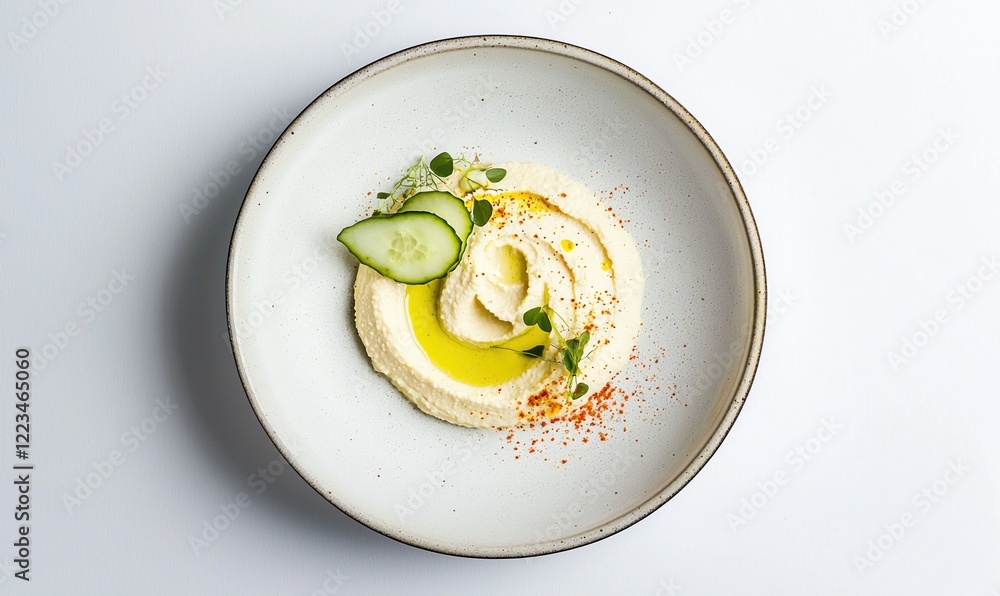 Minimalist hummus arrangement with fresh herbs and cucumbers evokes a sense of calm and nourishment Minimalist hummus arrangement with fresh herbs and cucumbers evokes a sense of calm and nourishment