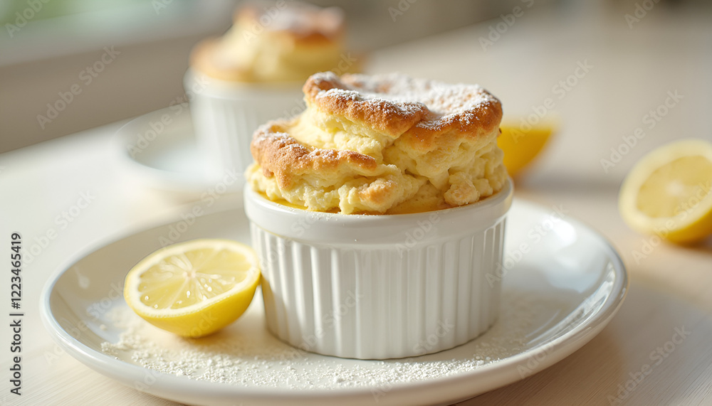 Fluffy lemon soufflé dusted with powdered sugar in ramekin beside fresh lemon slice