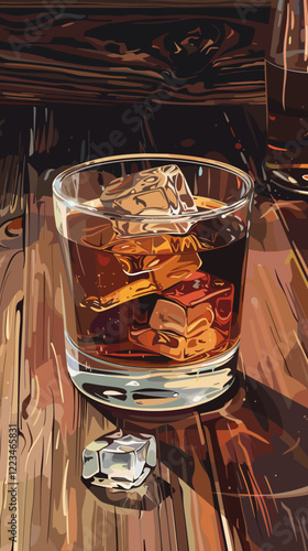 Whiskey Bourbon in a Glass with Ice on Wooden Table