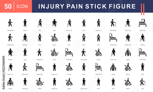 Stick figure icon set illustrating injury and pain, including broken limbs, hospital beds, patients, and disabilities. Ideal for medical, healthcare, and rehabilitation projects.