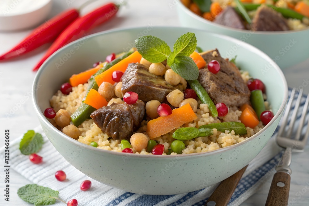 A bowl of Moroccan couscous with tender lamb, chickpeas, and a variety of colorful vegetables, garnished with fresh mint and pomegranate seeds A bowl of Moroccan couscous with tender lamb, chickpeas, and a variety of colorful vegetables, garnished with fresh mint and pomegranate seeds