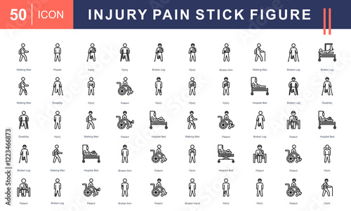 Stick figure icon set illustrating injury and pain, including broken limbs, hospital beds, patients, and disabilities. Ideal for medical, healthcare, and rehabilitation projects.