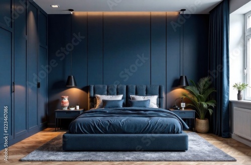 Modern bedroom with deep blue walls, matching upholstered bed, soft lighting, and elegant decor, complemented by lush greenery and a cozy gray rug for a sophisticated and serene atmosphere
