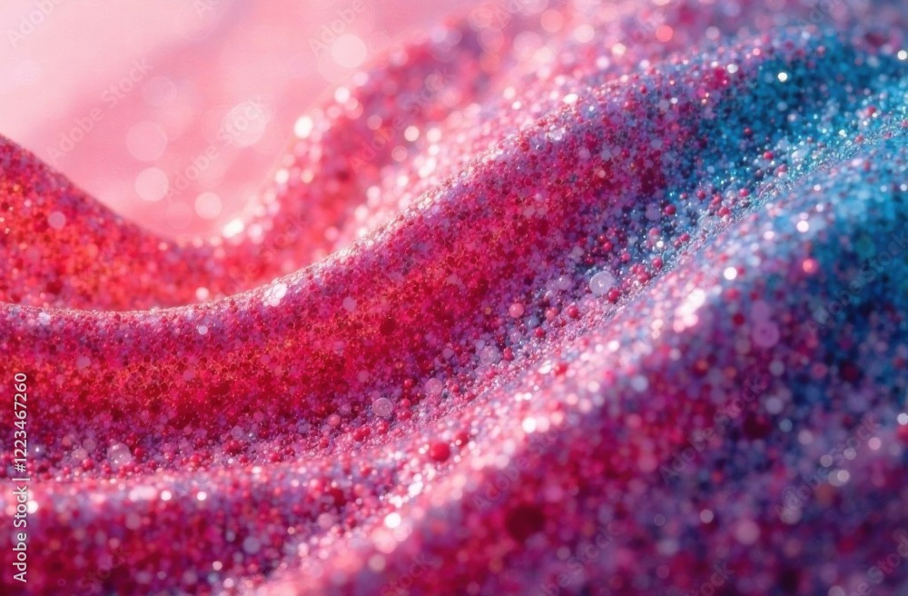 Fototapeta premium Close-up of sparkling pink and blue glitter forming soft waves, creating a vibrant and dreamy abstract texture