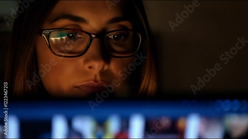 Closeup - Female eyes in eyeglasses late at night scrolling in front of laptop. 
