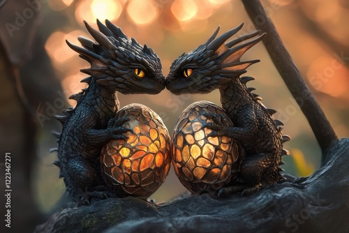 Two dragon hatchlings protecting glowing eggs in a magical forest setting photo