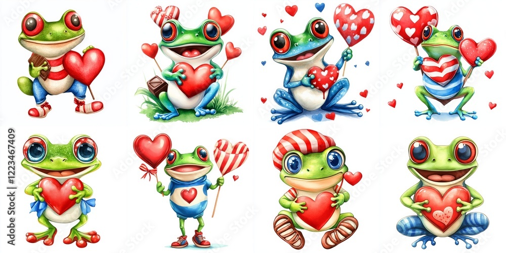 Obraz premium Cute Watercolor Frogs with Valentine Hearts - Adorable frog clipart, Valentine's Day themed, showcasing love, friendship, and sweetness. Perfect for cards and gifts.