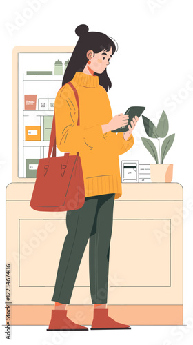 Woman Conducting Mobile Transactions for Online Shopping with Digital Interface and Network Icons