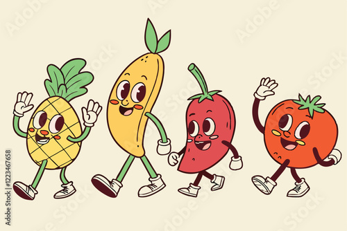 Colorful cartoon characters, anthropomorphic fruits and vegetables, retro style illustrations, expressive faces, waving hands, happy emotions, vibrant colors, simple designs, various shapes and sizes,