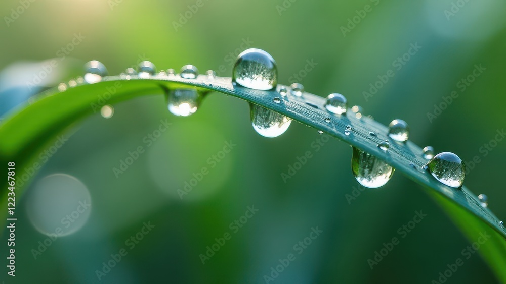 Macro photography of dewdrops on a curved grass blade in the morning light Macro photography of dewdrops on a curved grass blade in the morning light