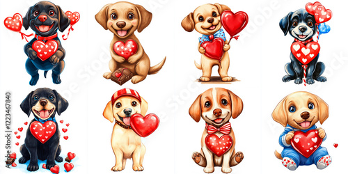 Cute Watercolor Labrador Retrievers with Valentine Hearts - Adorable cartoon Labrador puppies celebrate Valentine's Day with hearts, chocolates, and balloons.  Symbolizing love, friendship, affection, photo