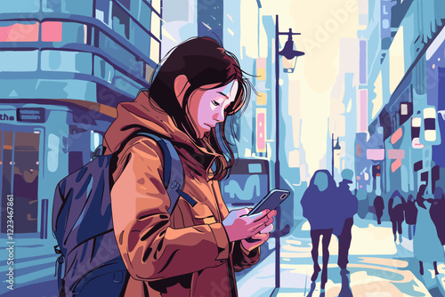 Woman Engrossed in Smartphone Screen While Walking on City Sidewalk