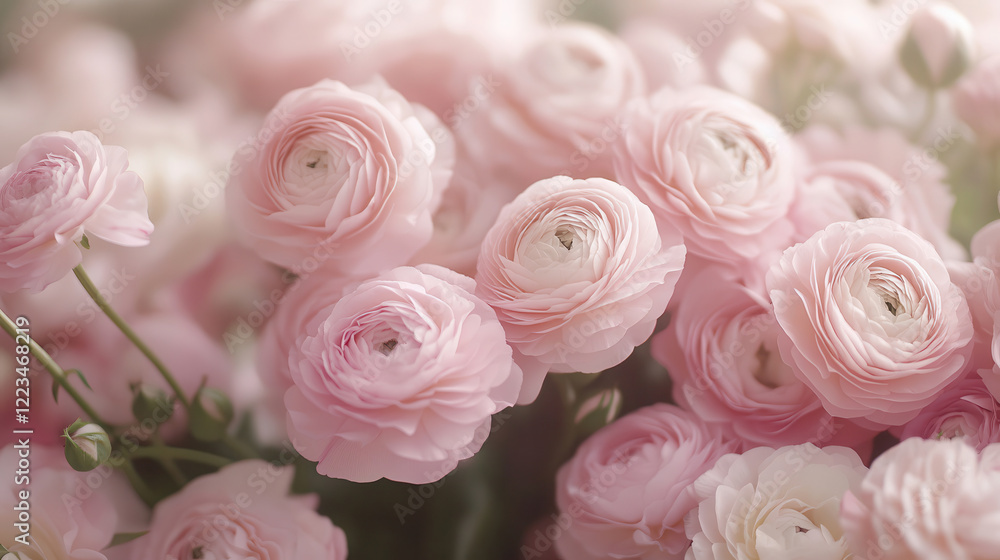 A large bouquet of pale pink ranunculus flowers surrounded by delicate pink roses in a soft pastel aesthetic setting, background, banner Happy Mother's Day, spring gentle background A large bouquet of pale pink ranunculus flowers surrounded by delicate pink roses in a soft pastel aesthetic setting, background, banner Happy Mother's Day, spring gentle background