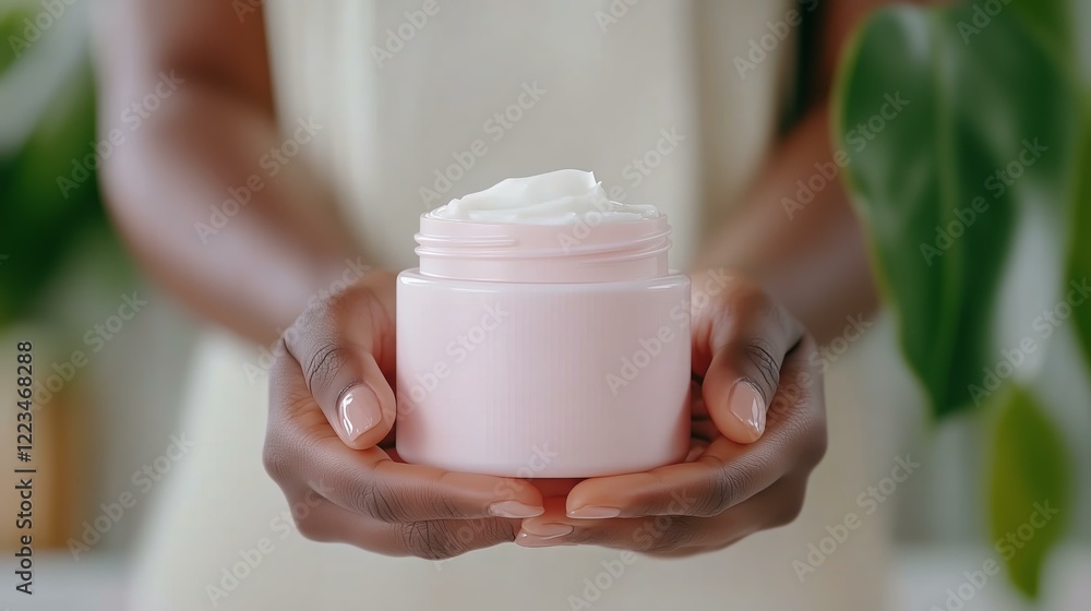 Woman holding cream jar: natural skincare and organic moisturizer in greenery background Woman holding cream jar: natural skincare and organic moisturizer in greenery background